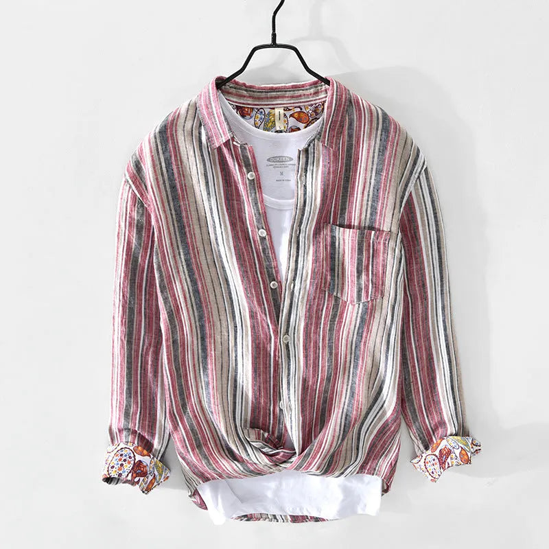 Men's casual long sleeve linen shirt with stripe pattern in grey or red loose fit