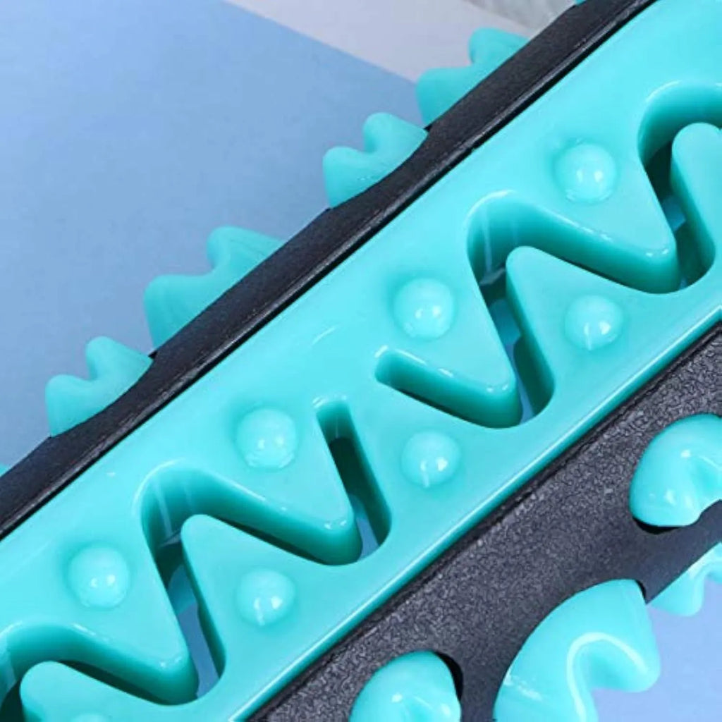Natural rubber dog dental chew toy in blue colour with textured cleaning ridges