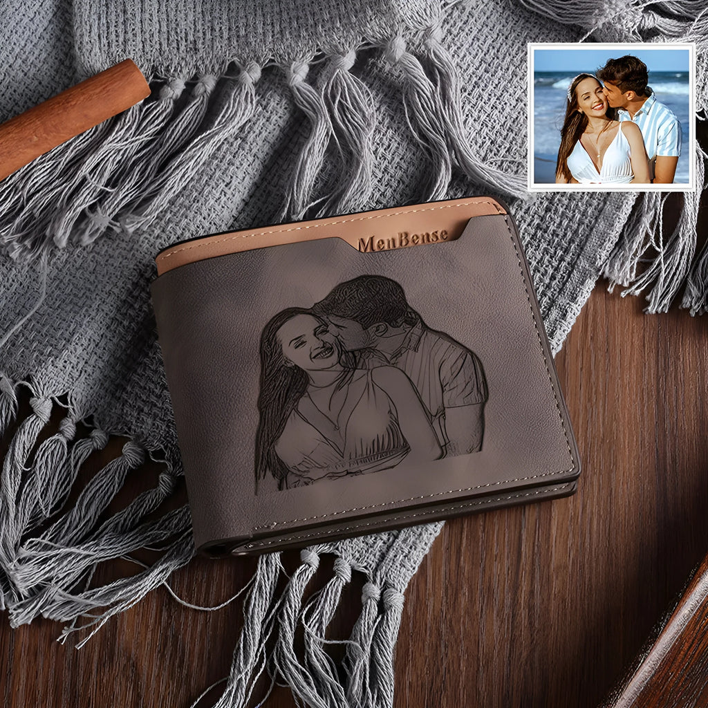Coffee coloured engraved horizontal PU leather wallet showing seven card slots.