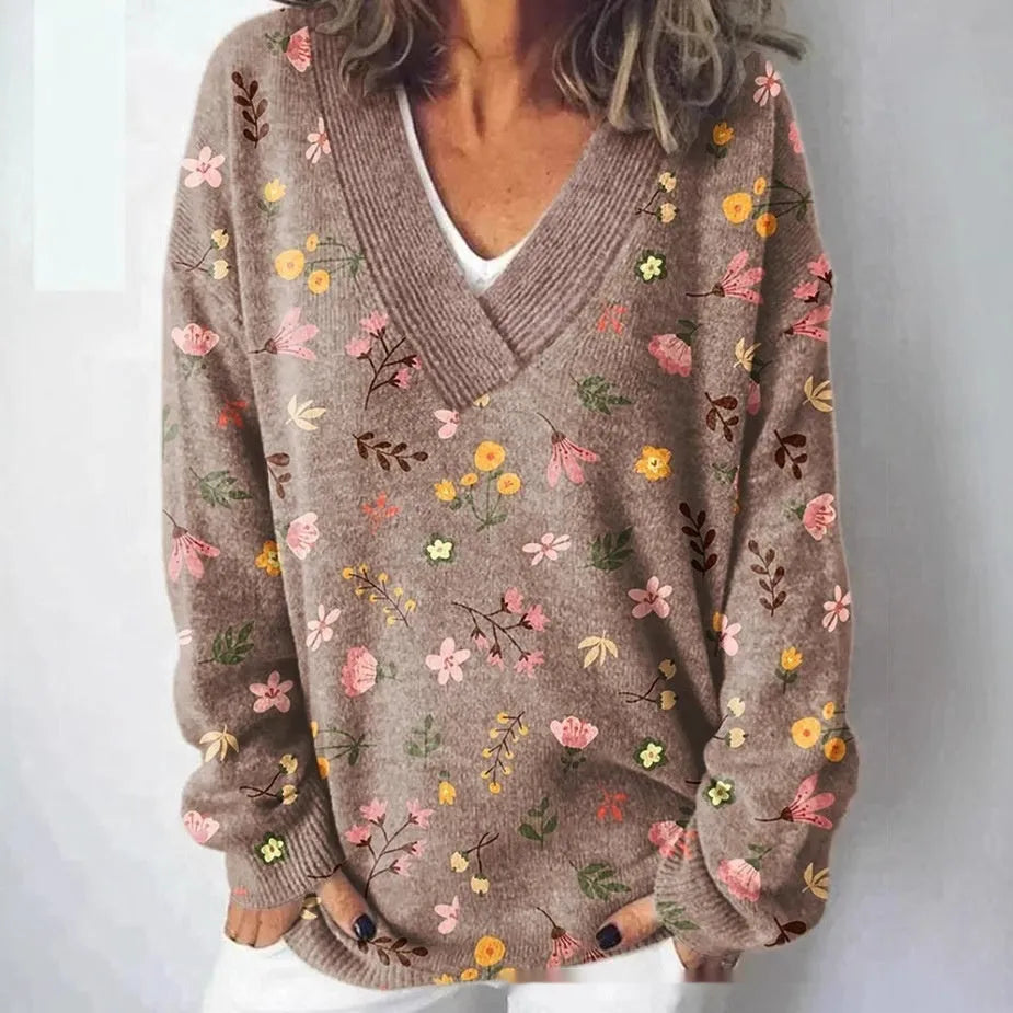 Women's V-neck long sleeve sweatshirt with a raised 3D floral pattern in an art retro style.