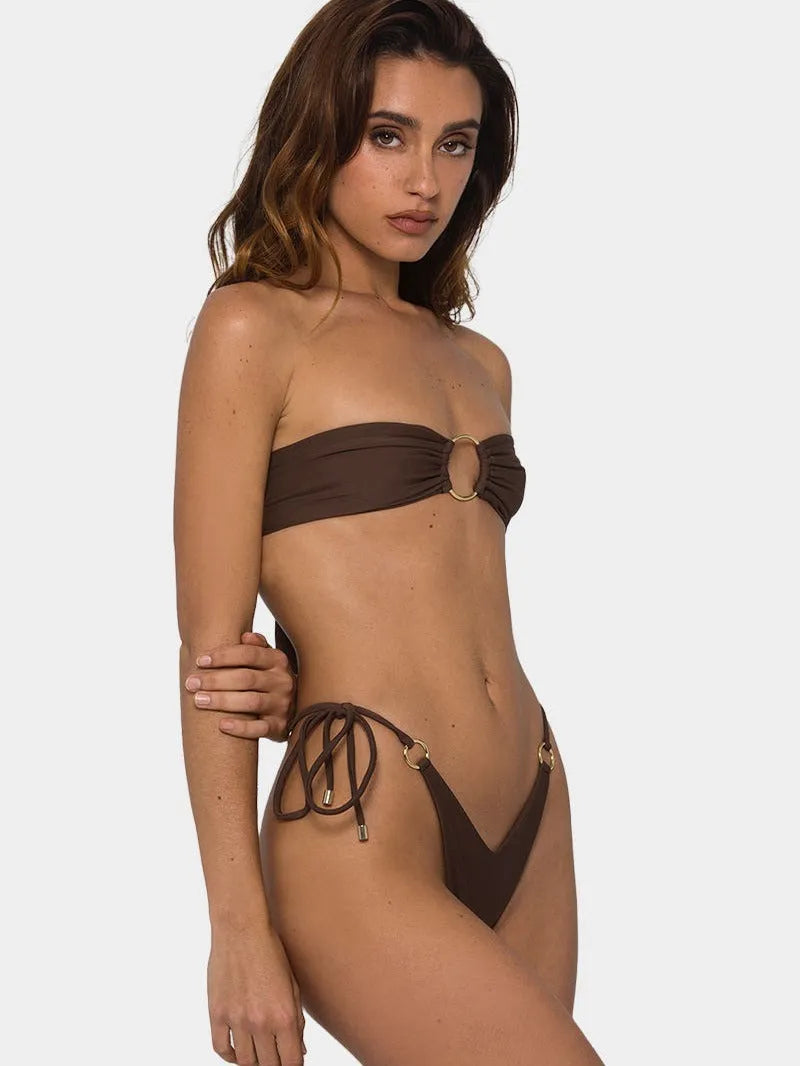 Brown women's push up bikini swimsuit with tube top ring tether and split bottom design