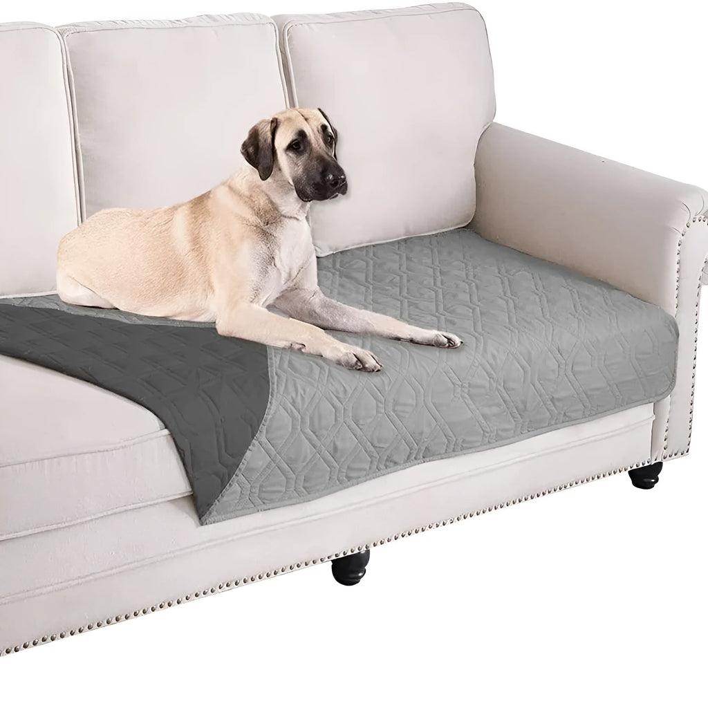 Waterproof reversible dog blanket on sofa showing two colour sides, protecting furniture from pet stains and hair