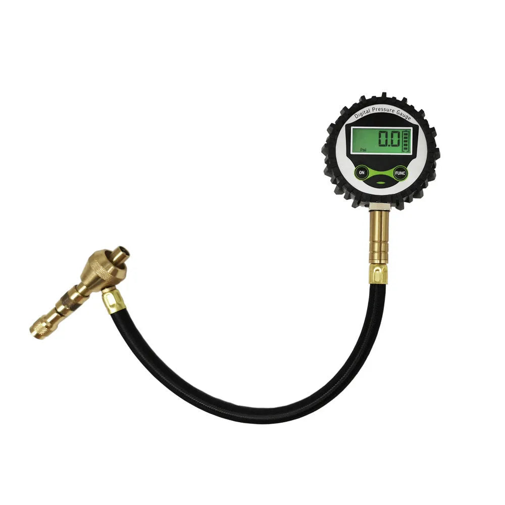 Copper and rubber mechanical tyre pressure gauge with deflation valve for SUVs and off-road vehicles.