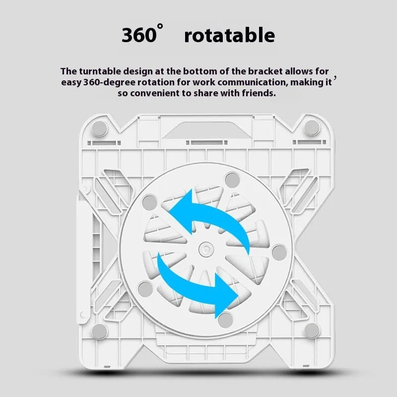 Black ABS plastic laptop bracket stand on a desk, elevating a laptop for better airflow