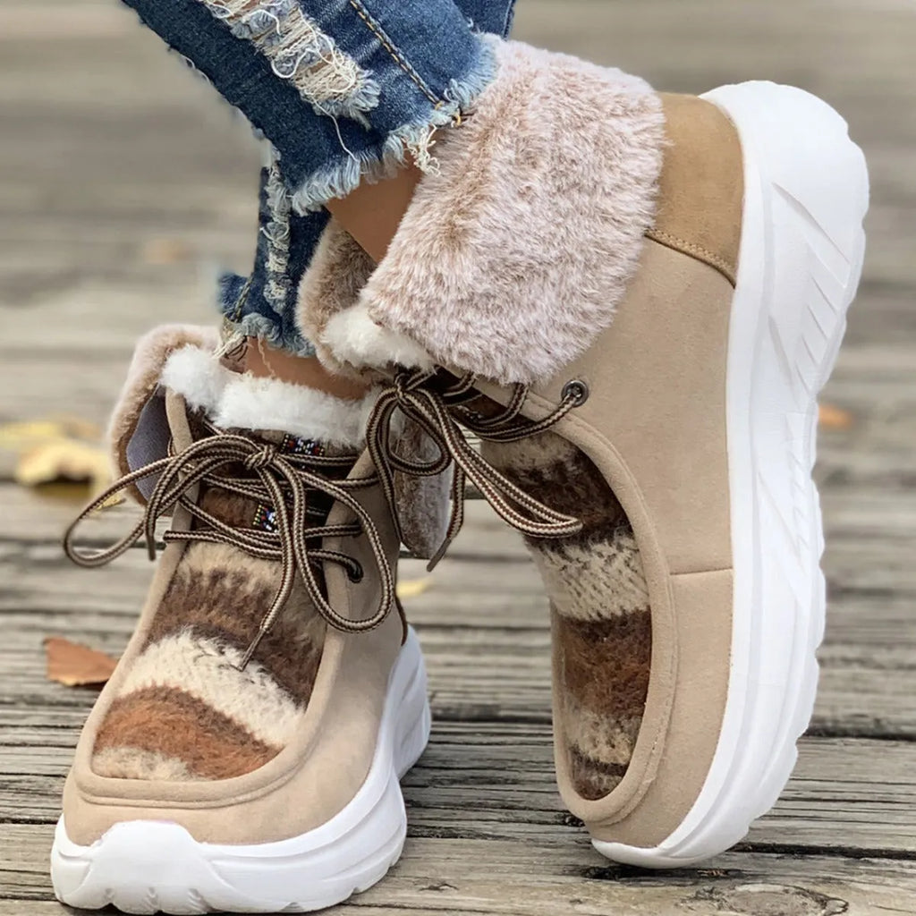Women's beige lace-up snow boots with plush lining and non-slip rubber sole