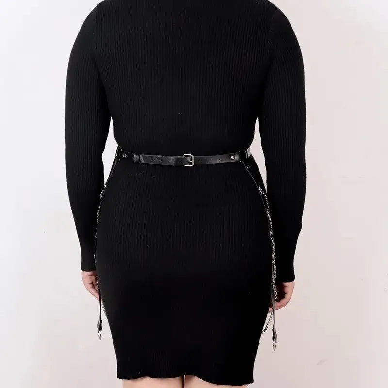 Black PU leather waist chain with bandage binding chain design for women's alternative fashion