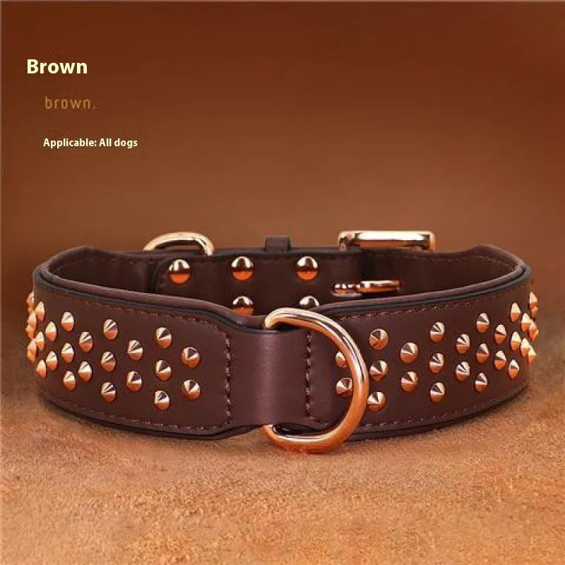 Genuine leather dog collar with metal rivet studs and a strong metal buckle in black, chocolate, or pink colour.
