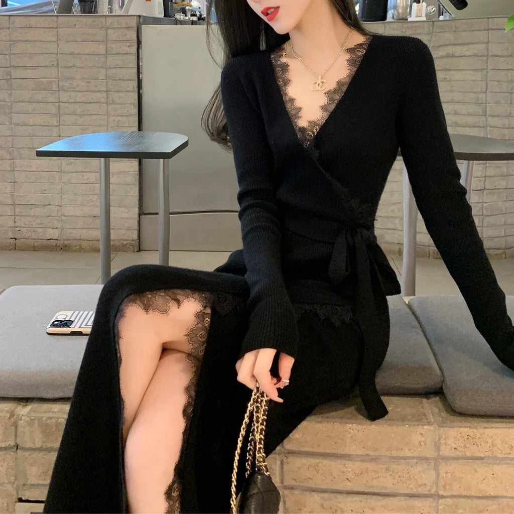 Black women's slim fit woolen skirt with princess dress style cut