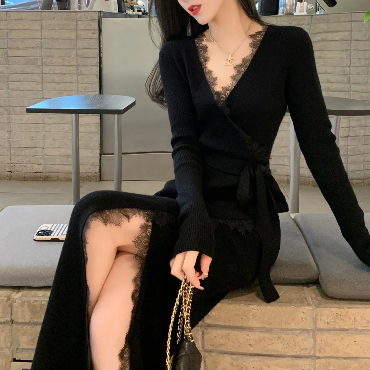 Black women's slim fit woolen skirt with princess dress style cut