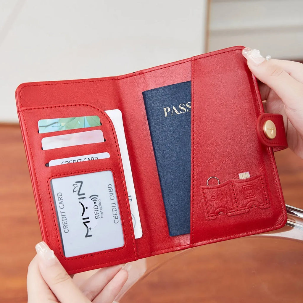 PU leather multifunctional passport holder wallet in various colours showing sewing line detail and anti-theft protection.