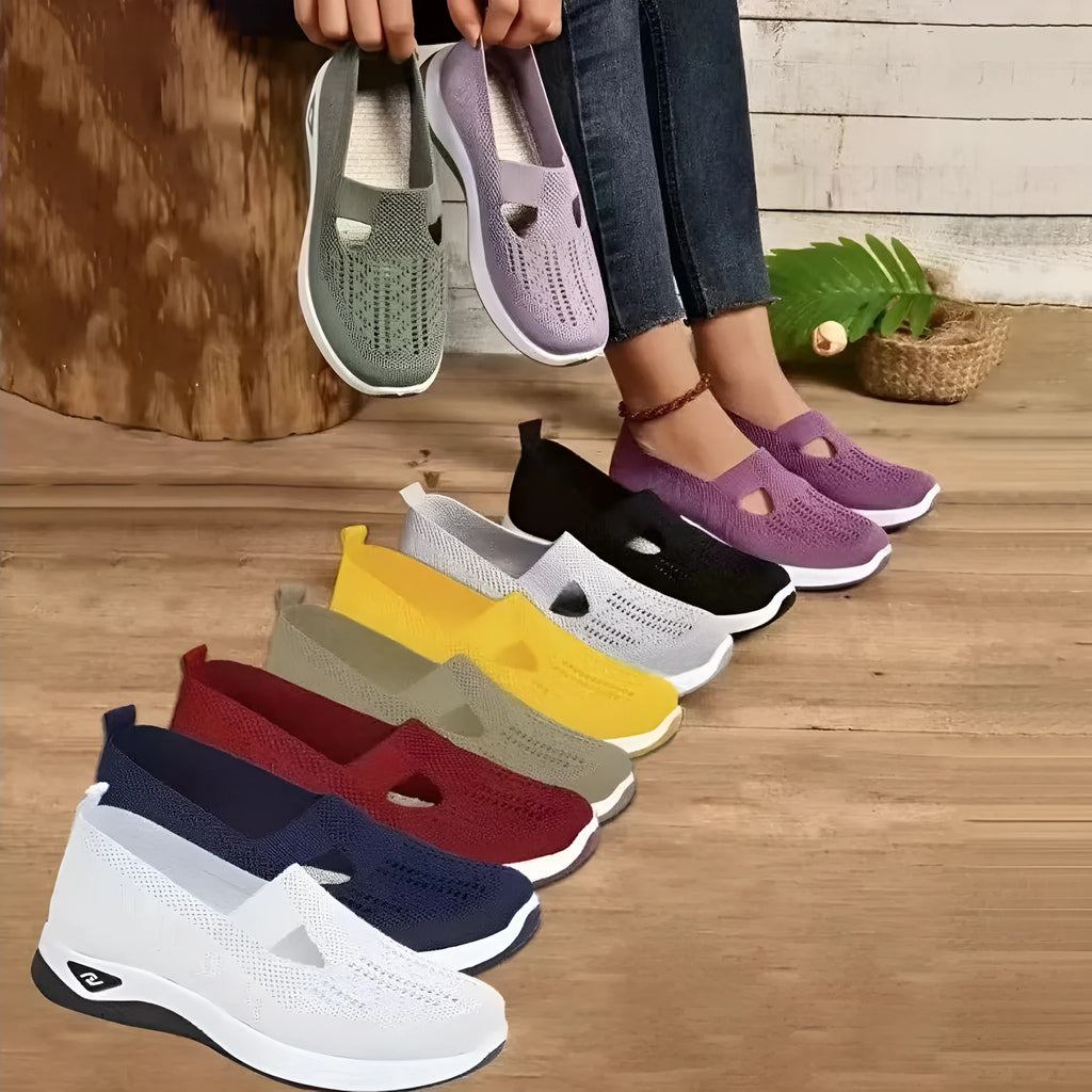 Women's mesh T-strap casual flats with soft PVC sole in multiple colour options