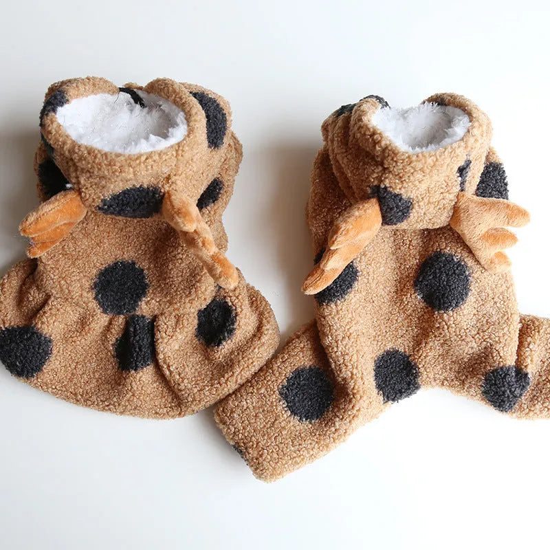 Polka dot pet clothing with elk couple design for dogs and cats in four-leg or skirt style options