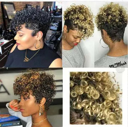 Short black synthetic wig with simple rolls in an exotic style on a model