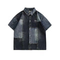 Blue loose-fit men's denim shirt cardigan with retro washed stitching on a hanger.