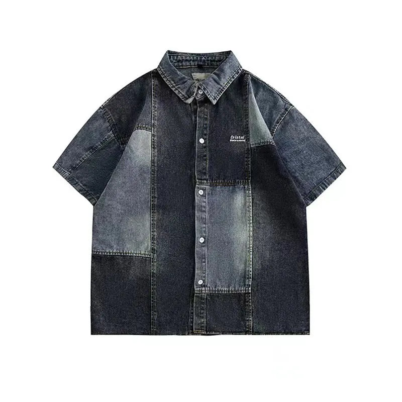 Blue loose-fit men's denim shirt cardigan with retro washed stitching on a hanger.