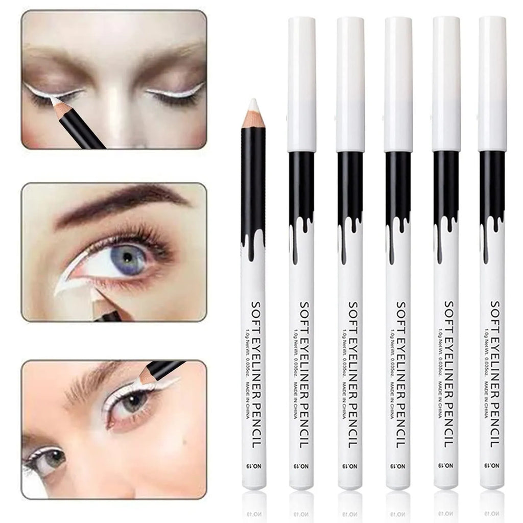 12 white and black retractable makeup pencils with a sharpener on a pink background