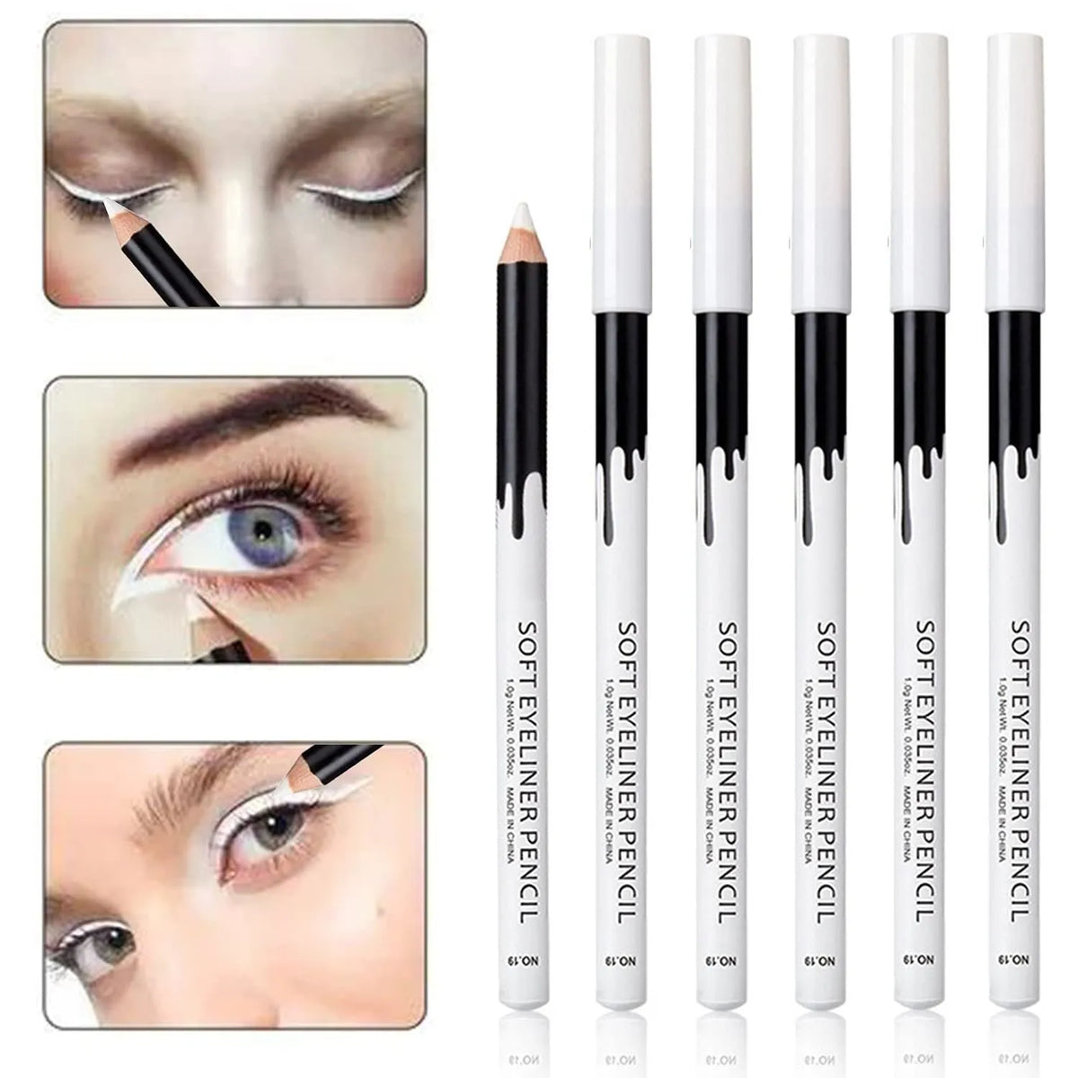 12 white and black retractable makeup pencils with a sharpener on a pink background