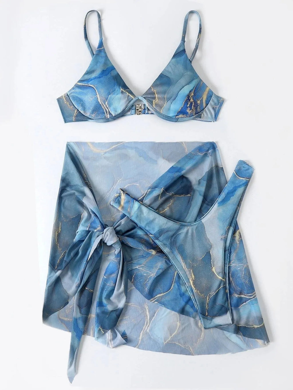 Marble print three-piece bikini swimwear set on a mannequin, showing skirt, bra, and panties.