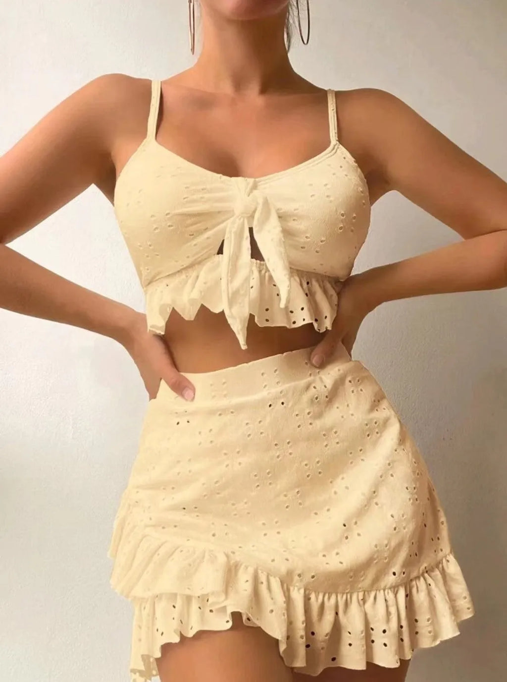 Women's solid colour split hip skirt bikini three-piece swimsuit set