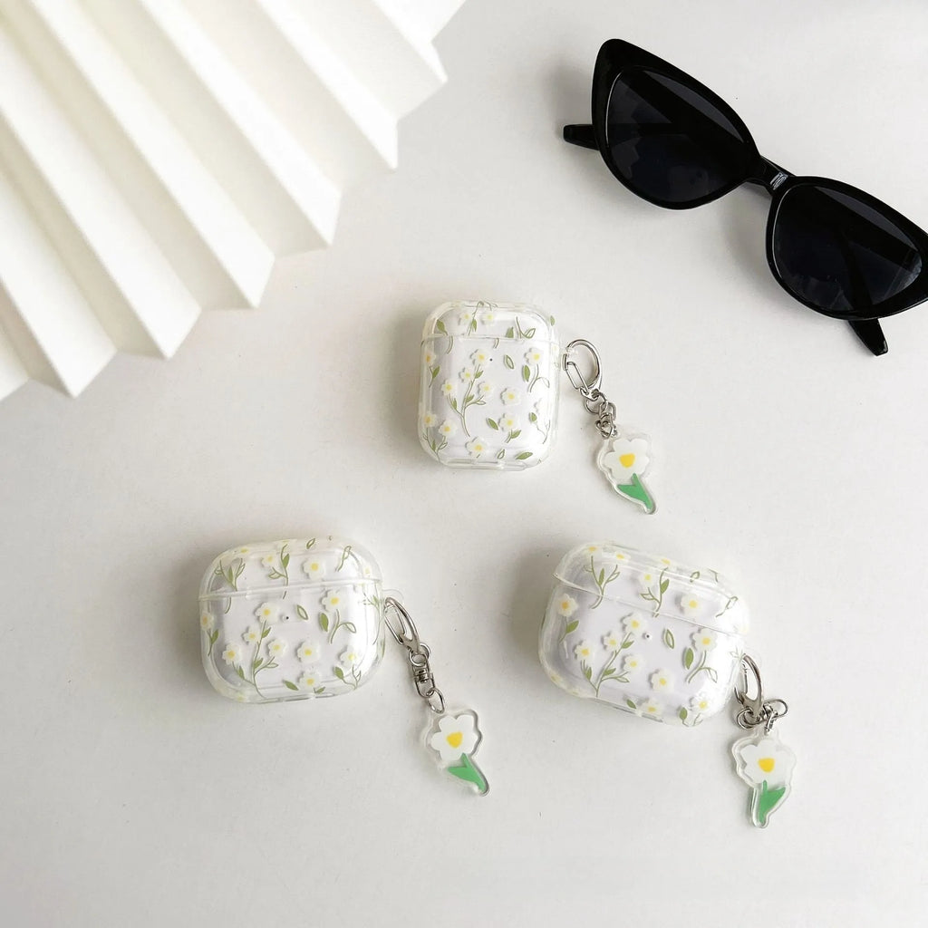 White floral pattern TPU protective cover for Apple AirPods charging case showing high transparency