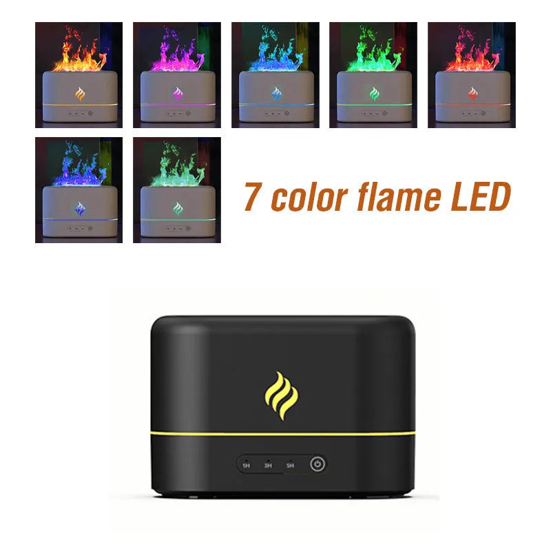 USB simulated flame expander humidifier with seven-colour LED flame effect showing black plastic housing