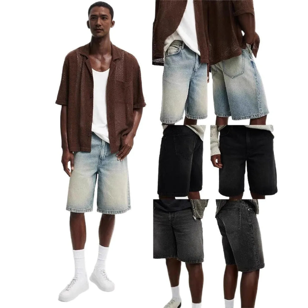 Men's loose straight cotton denim fifth pants in light blue, black, and gray for summer street style.