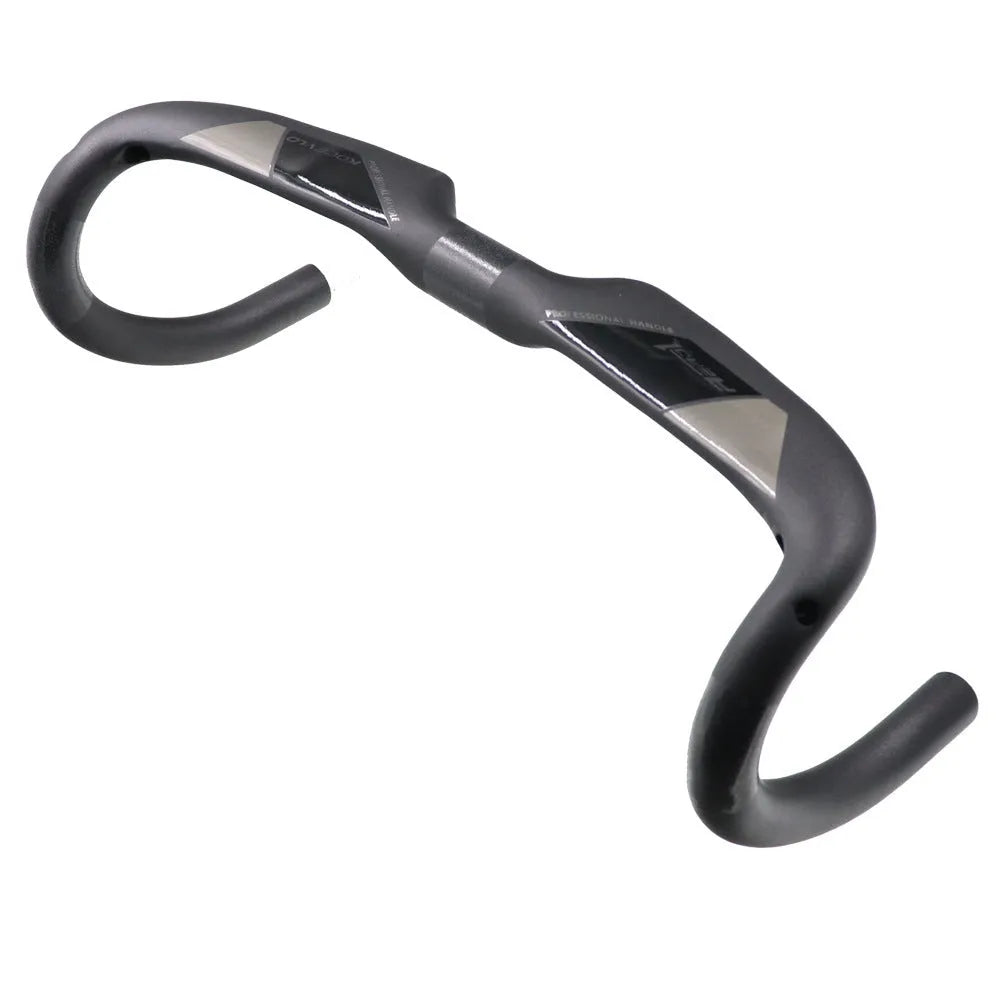 Matte carbon fibre road bicycle handlebar showing bent design with width measurement options