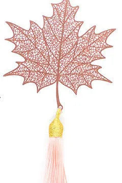 Brass metal hollow plated bookmark with leaf design and rose gold tassel