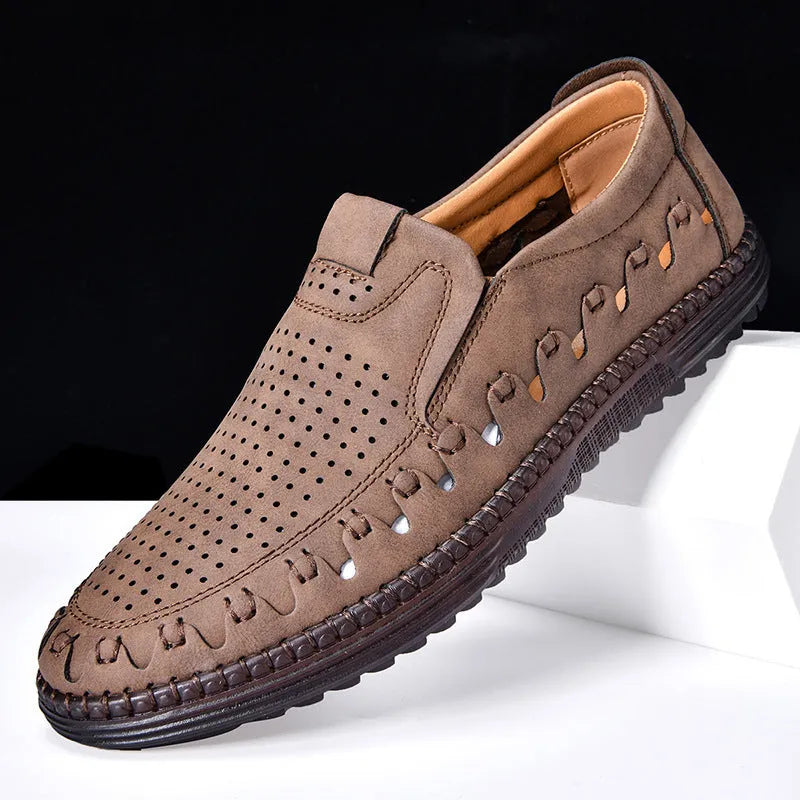 Men's brown artificial leather slip-on casual shoes with round toe and flat sole