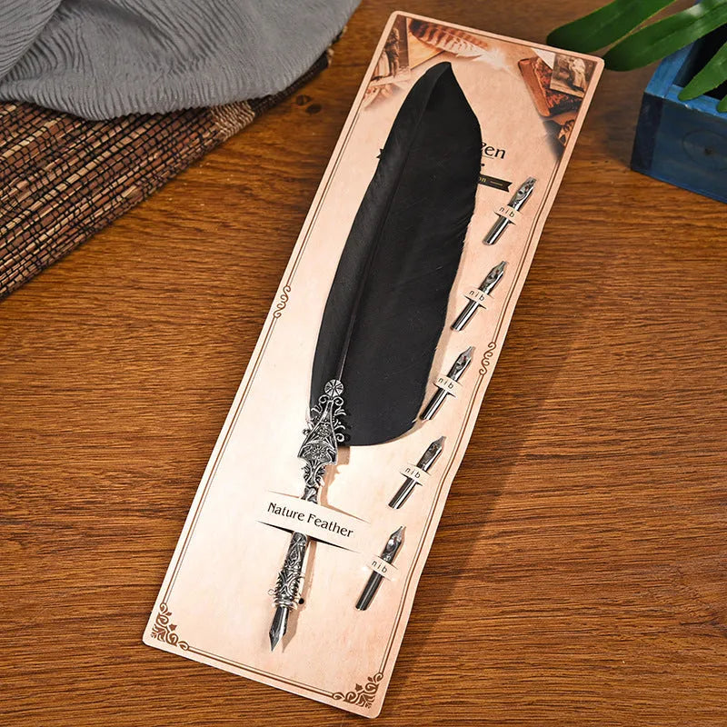 Retro feather dip pen with zinc alloy shell in various colour options for calligraphy and gifting