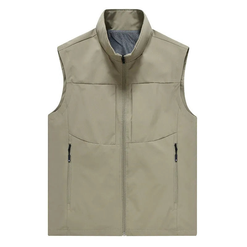 Men's loose fit polyester cardigan vest in khaki with stand collar and zipper pockets.