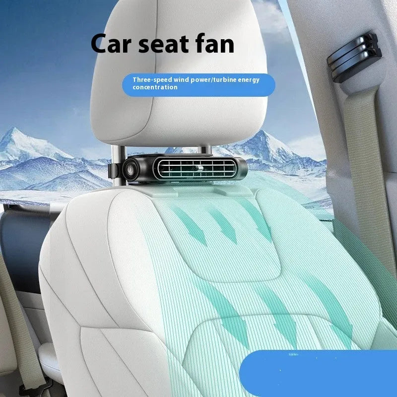 USB plug-in car seat fan with velcro strips and three-speed button in black, white, or beige.