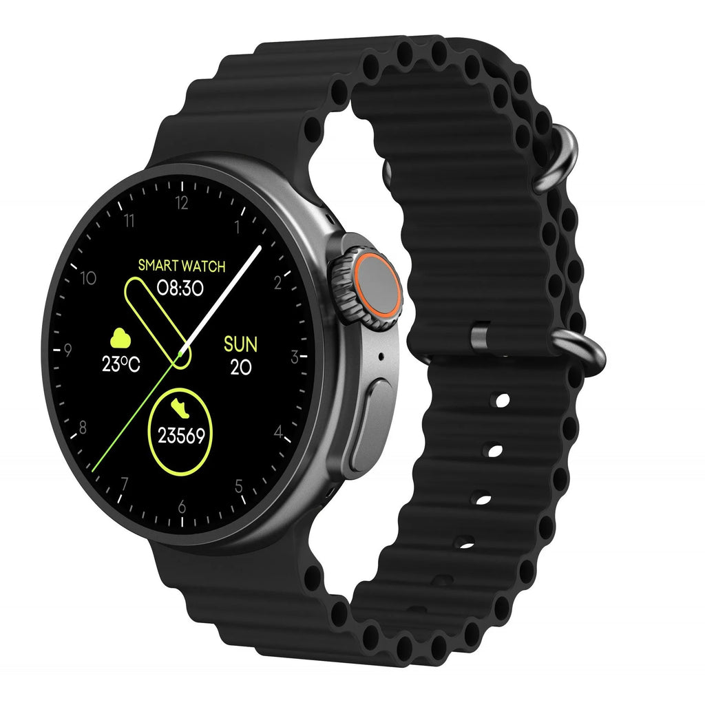 K9 Smart Watch with round screen on silicone strap, shown in black, orange, silver brown, or yellow.