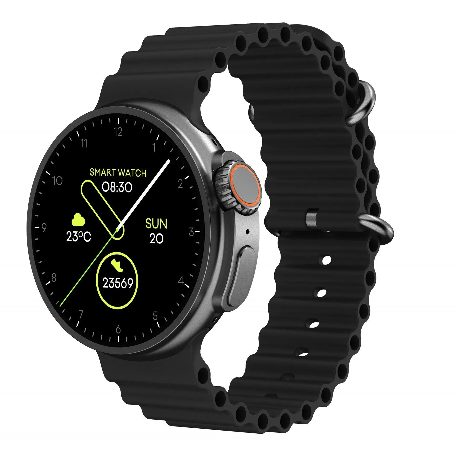 K9 Smart Watch with round screen on silicone strap, shown in black, orange, silver brown, or yellow.