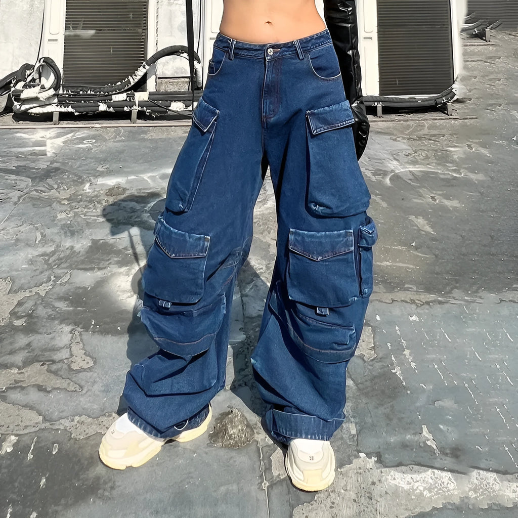 Dark blue distressed wide leg jeans with high waist and multiple pockets