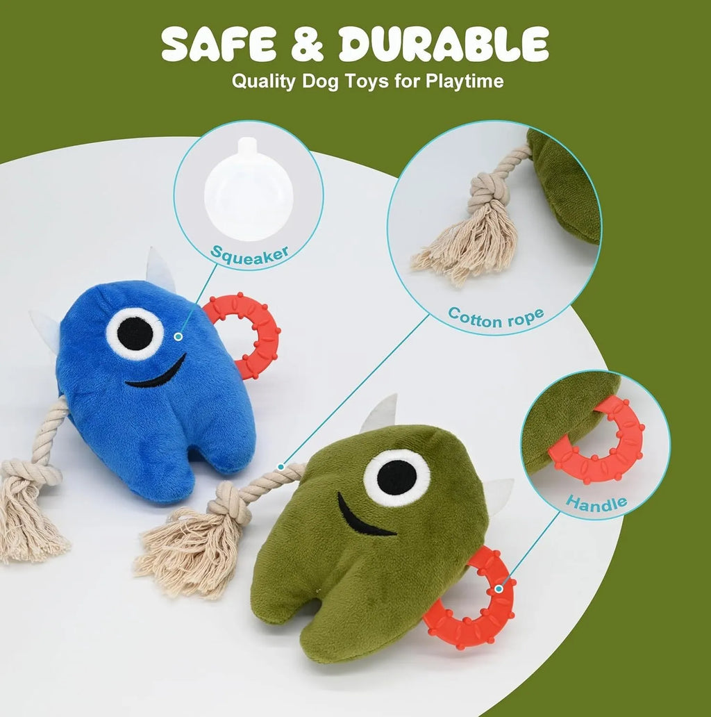 Blue and green plush dog toy with integrated rope and squeaker for chewing and tug-of-war play