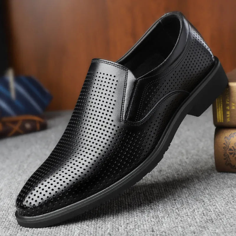 Men's black leather slip-on business casual shoes with low top and rubber sole