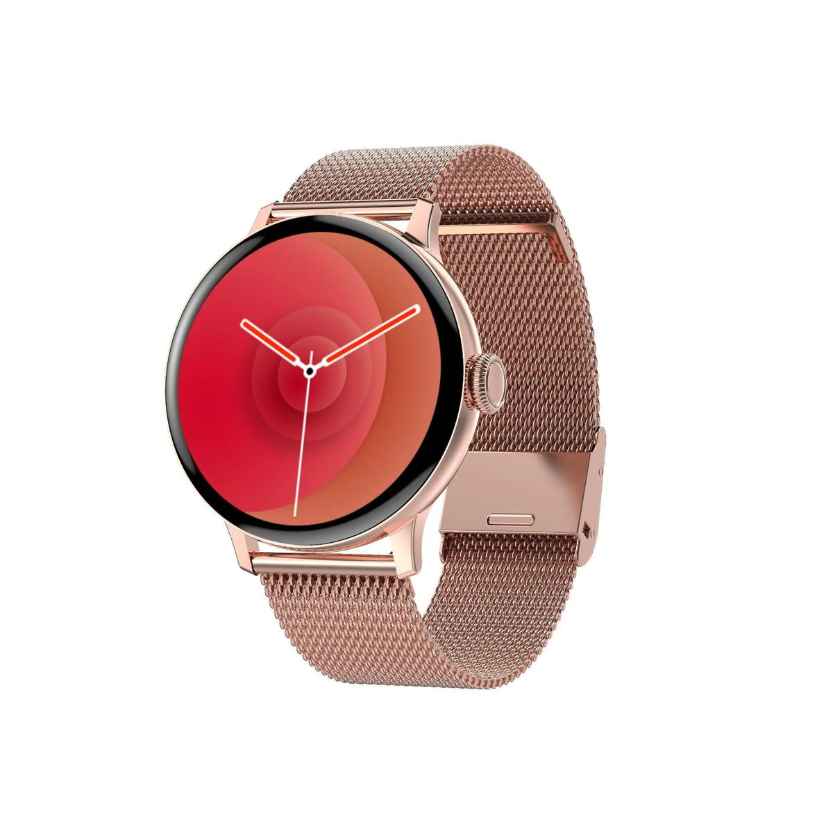Round Bluetooth smart bracelet with touchscreen on a wrist, showing call and heart rate functions.