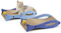 Blue fish-shaped cat scratcher lounge made of corrugated cardboard with attached ball toy