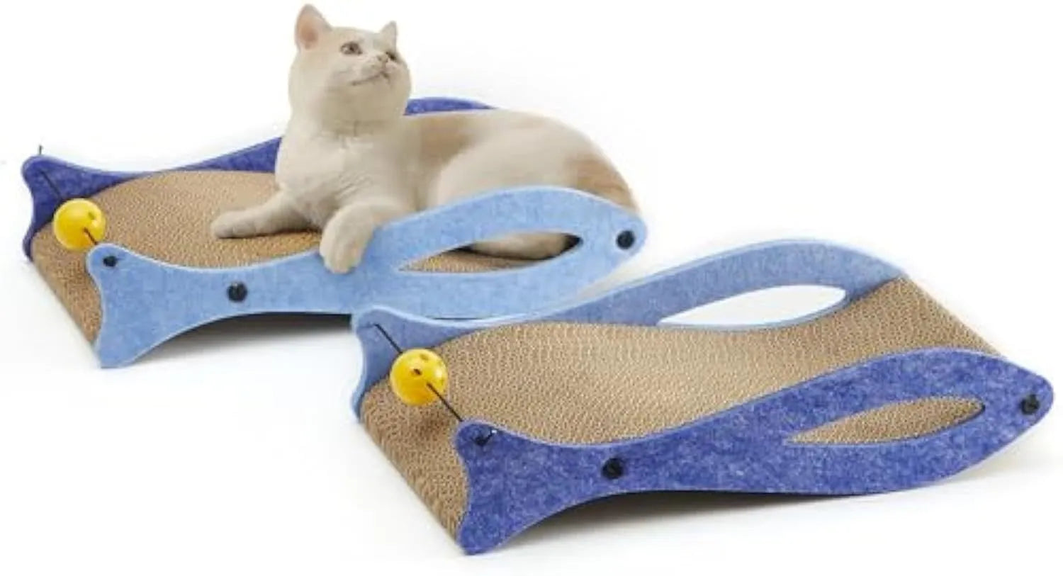 Blue fish-shaped cat scratcher lounge made of corrugated cardboard with attached ball toy