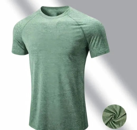 Men's stretch quick-dry running T-shirt in polyester blend available in black, grey, green and pink colours