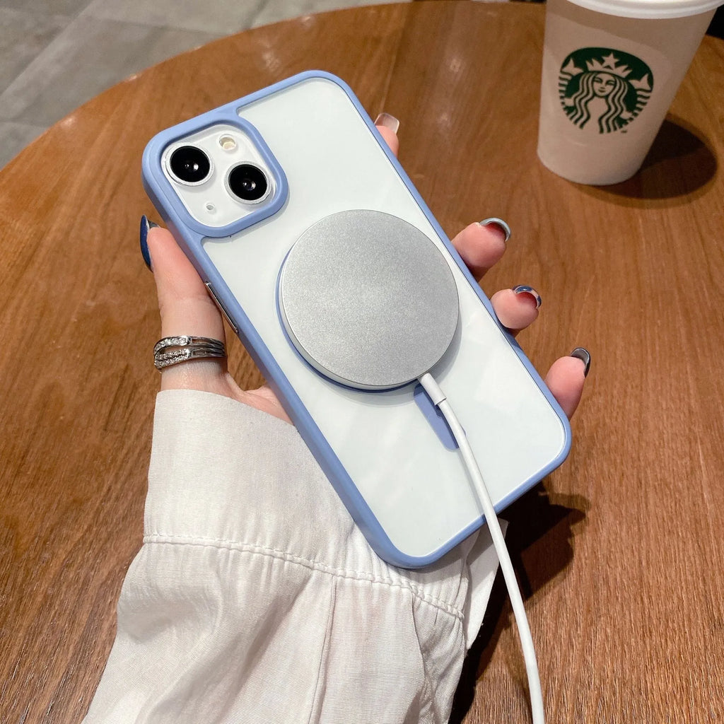 Transparent acrylic MagSafe phone case showing iPhone compatibility with magnetic attachment points