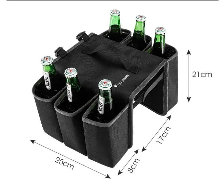 Black and orange double-sided bicycle beverage bag mounted on bike frame with 2L capacity