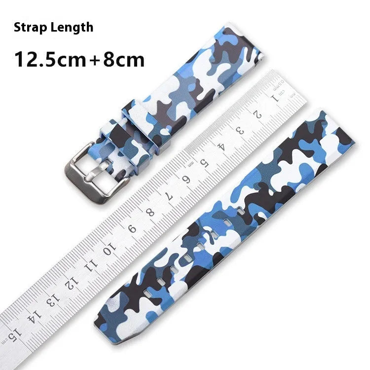 Green camouflage silicone watch strap with flat head design showing 20mm width and adjustable length