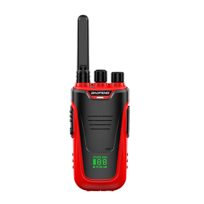 Red and yellow high power handheld intercom with USB charging port for hotel and restaurant use.