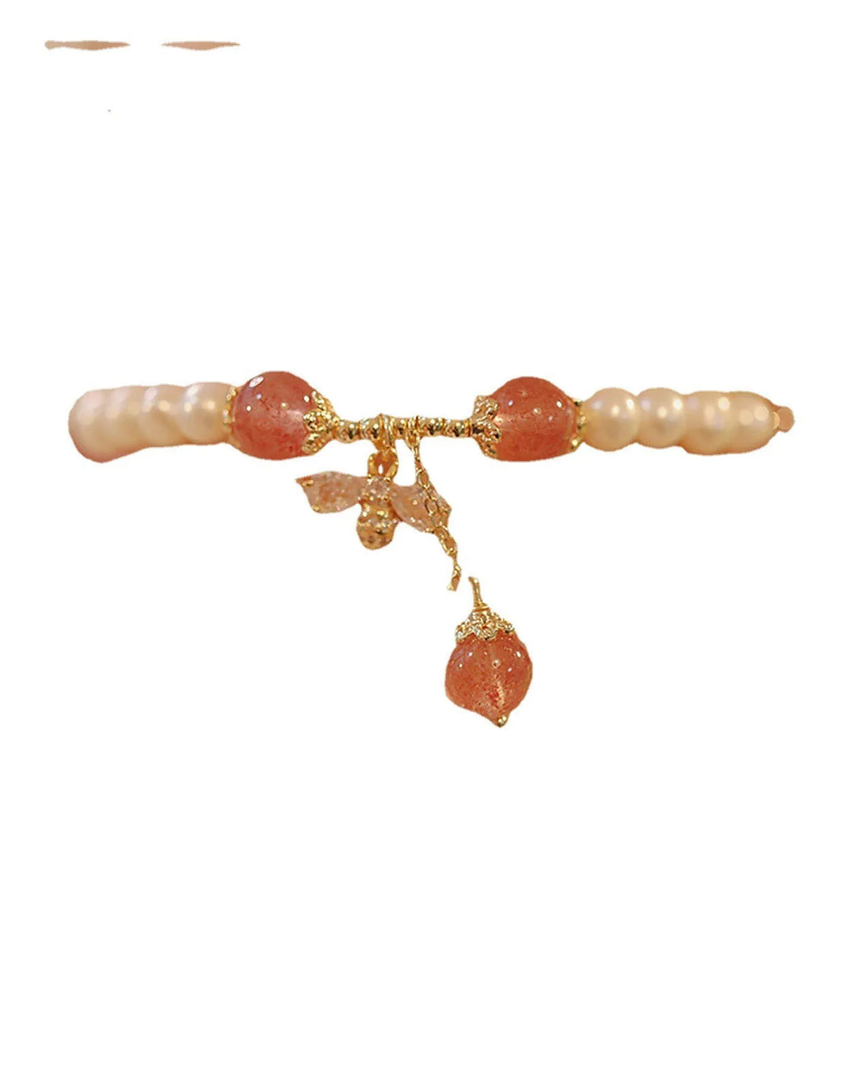 Strawberry quartz crystal bracelet with stringed pearls and bow detail
