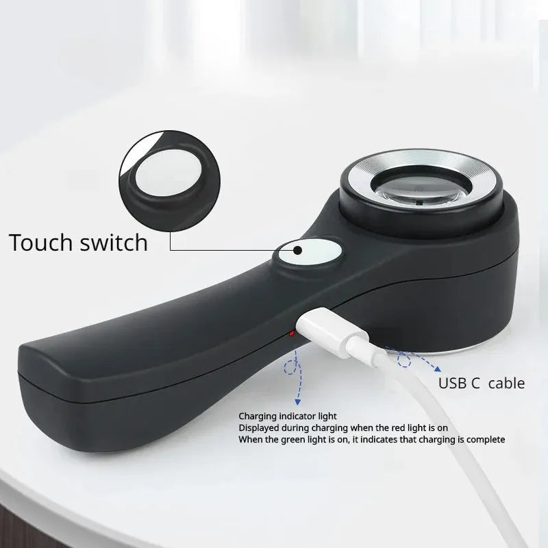 Black and silver magnifying glasses with optical glass lenses and LED illumination