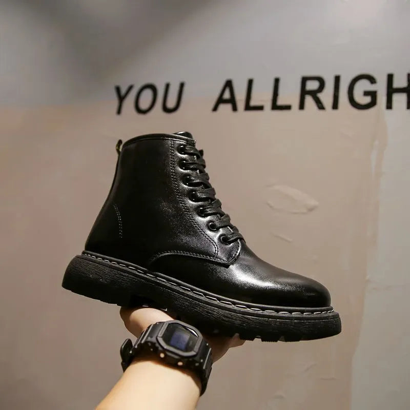 Men's black Dr Martens high-top platform boots with side zipper and textured leather.