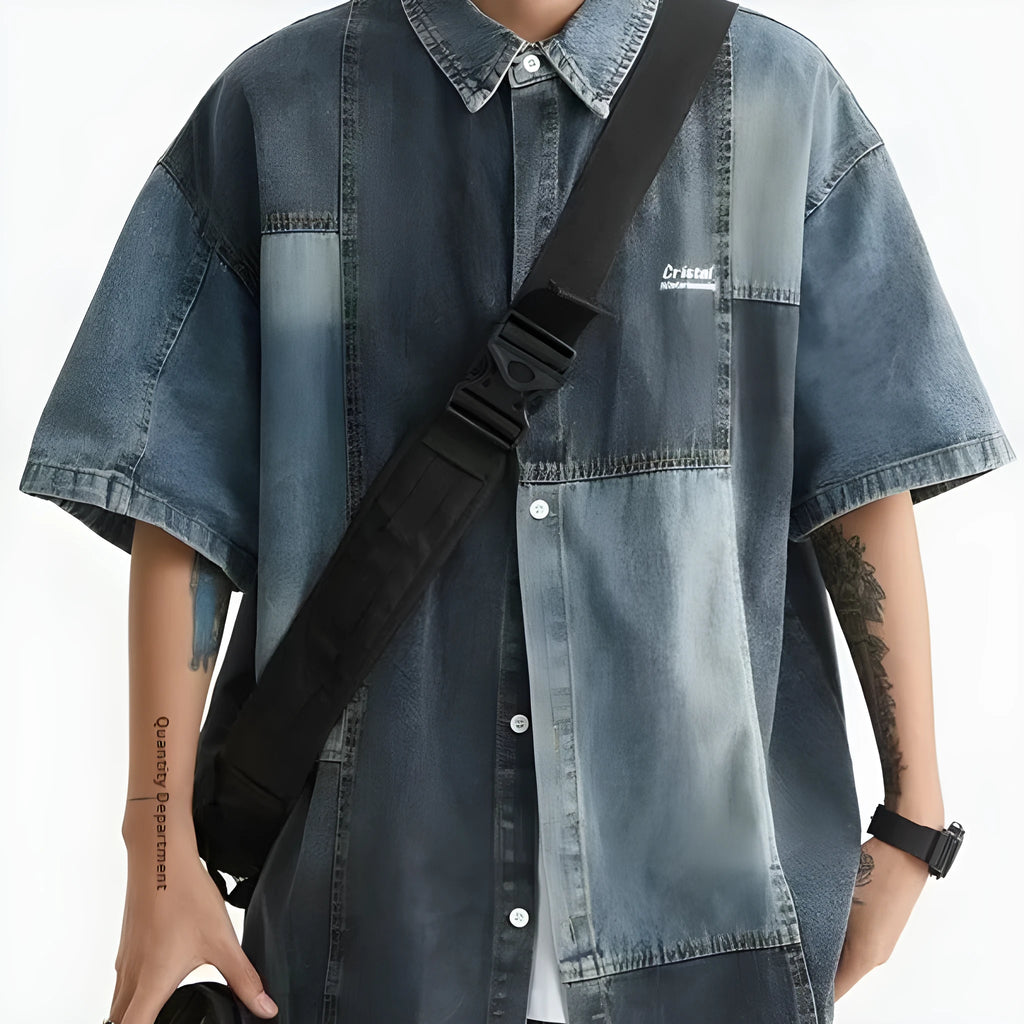 Blue loose-fit men's denim shirt cardigan with retro washed stitching on a hanger.