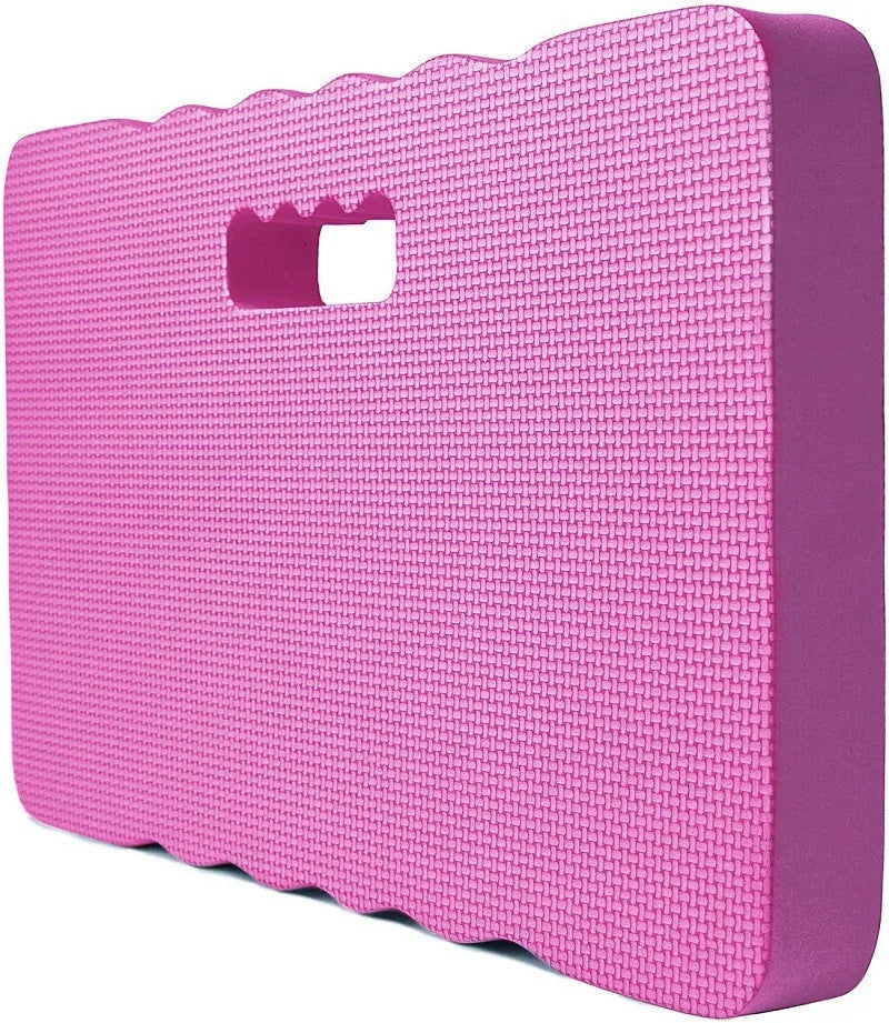 Solid blue EVA foam garden kneeler hassock on grass, showing its 45cm length and 4cm thickness.
